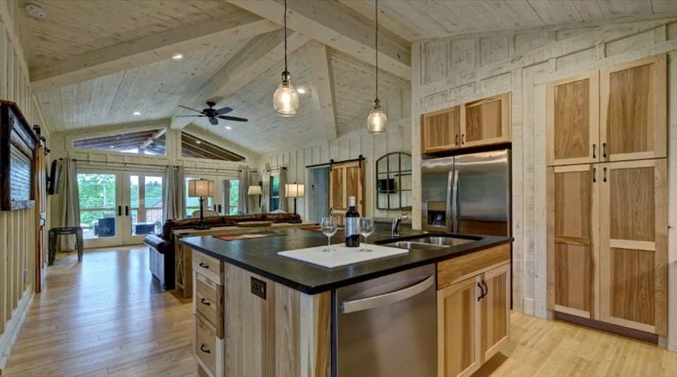 Vaulted ceilings with an open floor plan. 