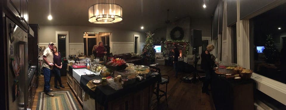 Main home, panoramic view of entire room- NYE Party Set up