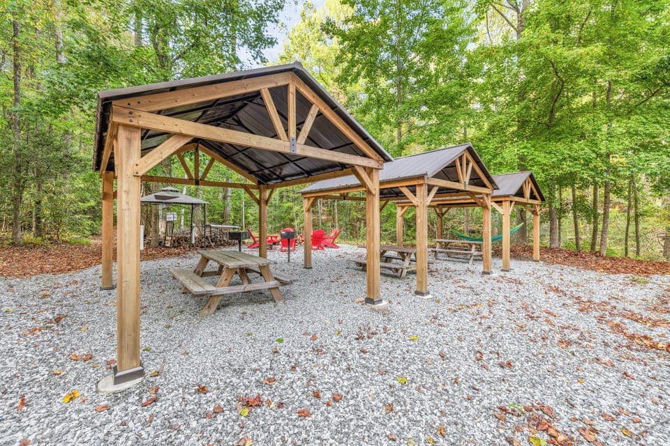 Common Area with Gazebo covered Picnic Tables and Charcoal Grills