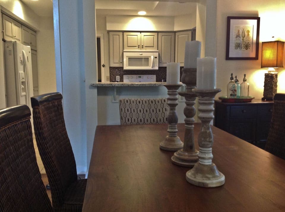 Dining table easily seats six.