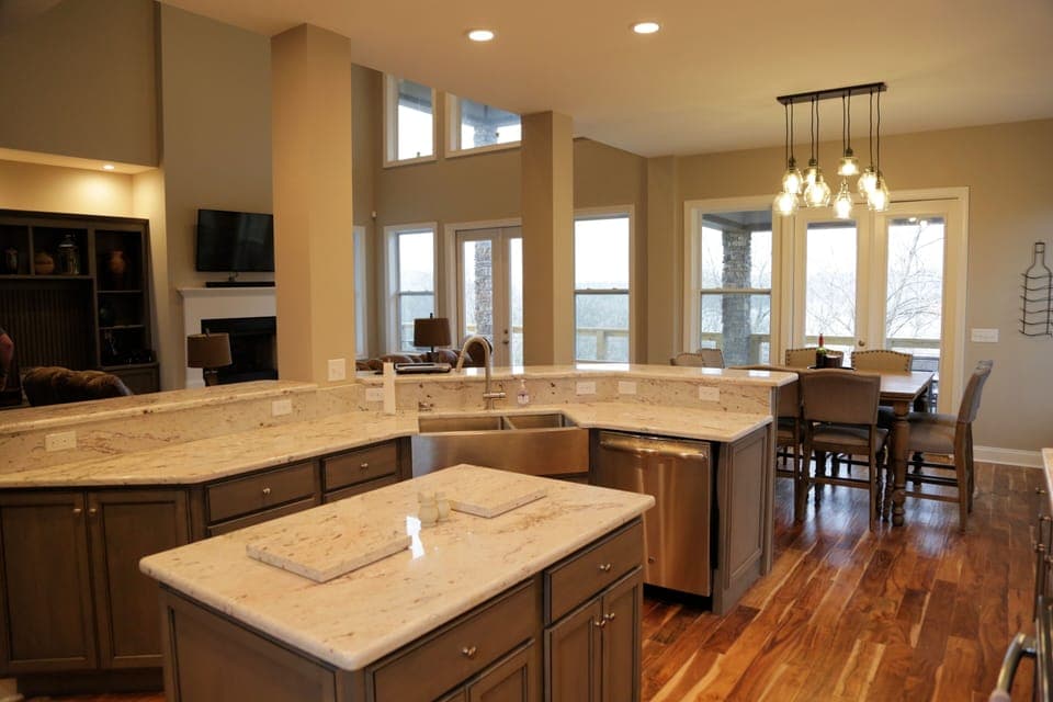 Kitchen looking toward dining area and deck.