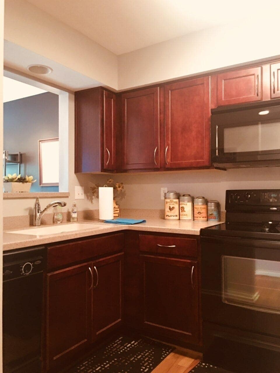 Microwave, stove , Fridge and coffee maker , everything a kitchen needs.