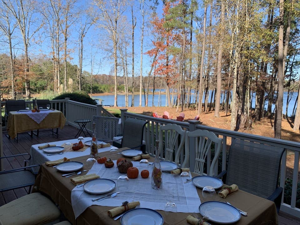 Lakefront deck with grill for Clemson Tiger fans and alumni gatherings.