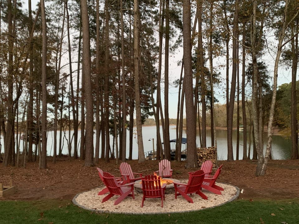 Lakeside fire pit at a Clemson rental for post-game celebrations.