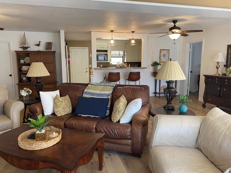 Den area with comfortable leather seating