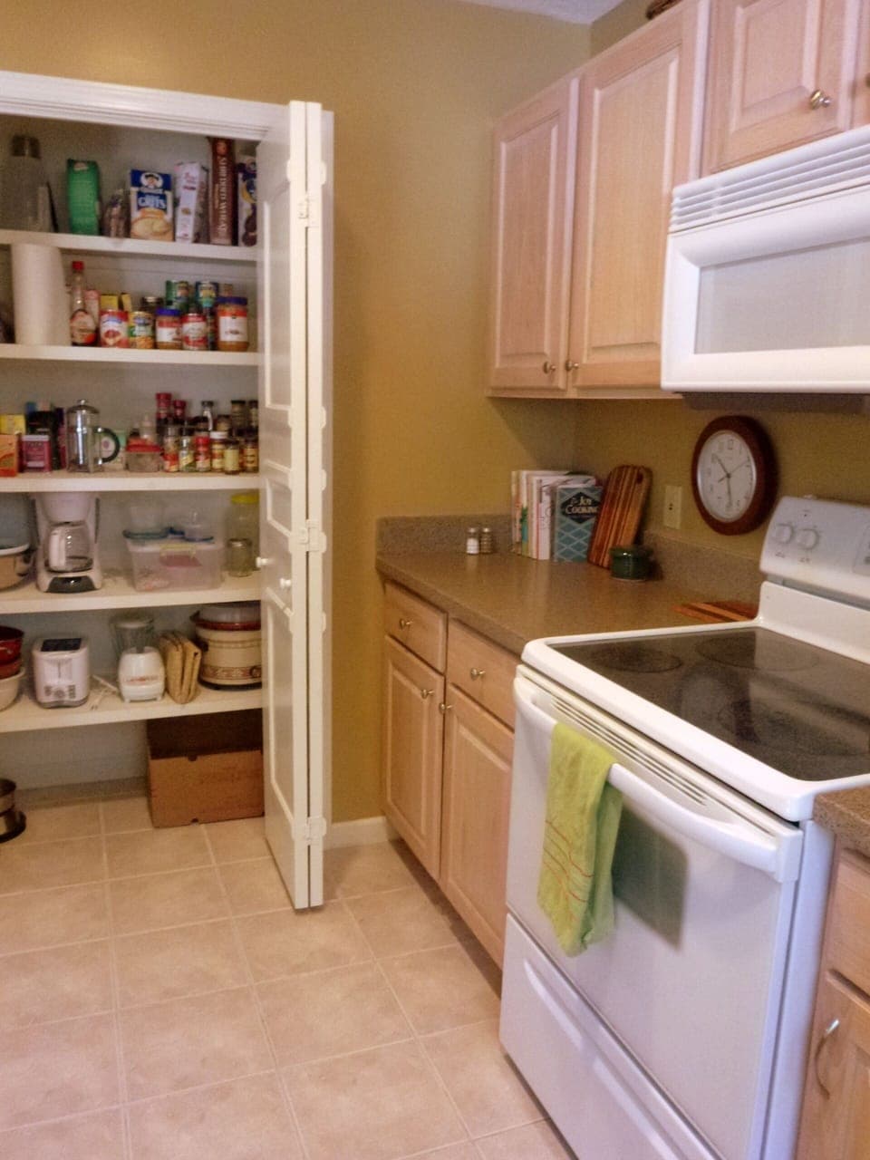 Check out the well-stocked pantry for toaster, blender, coffee maker, crock pot.