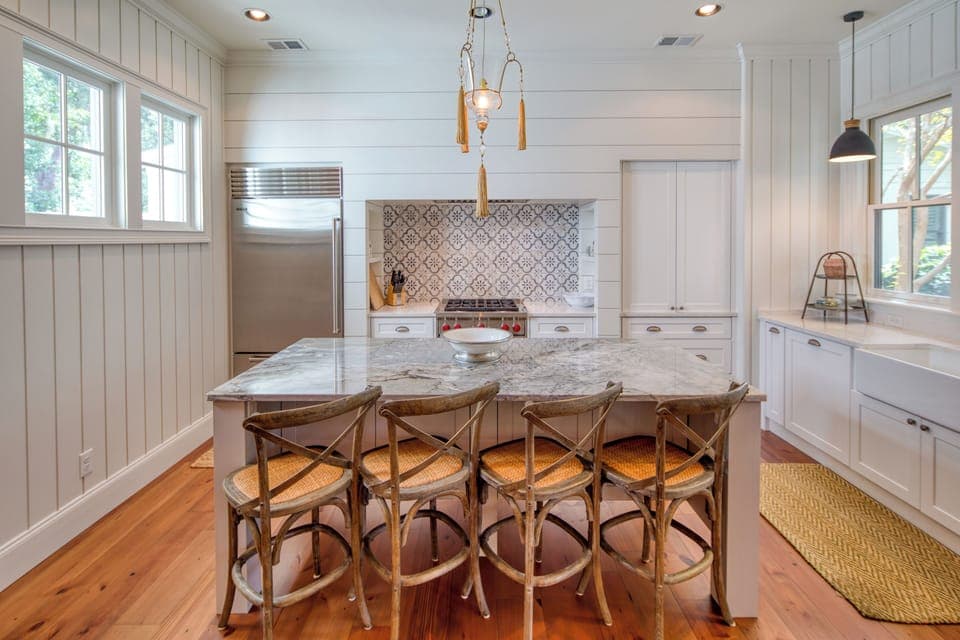 Kitchen area with bar stools