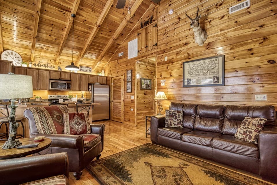 Smoky Mountain Cabin on a River "River Falls" - Living room and kitchen