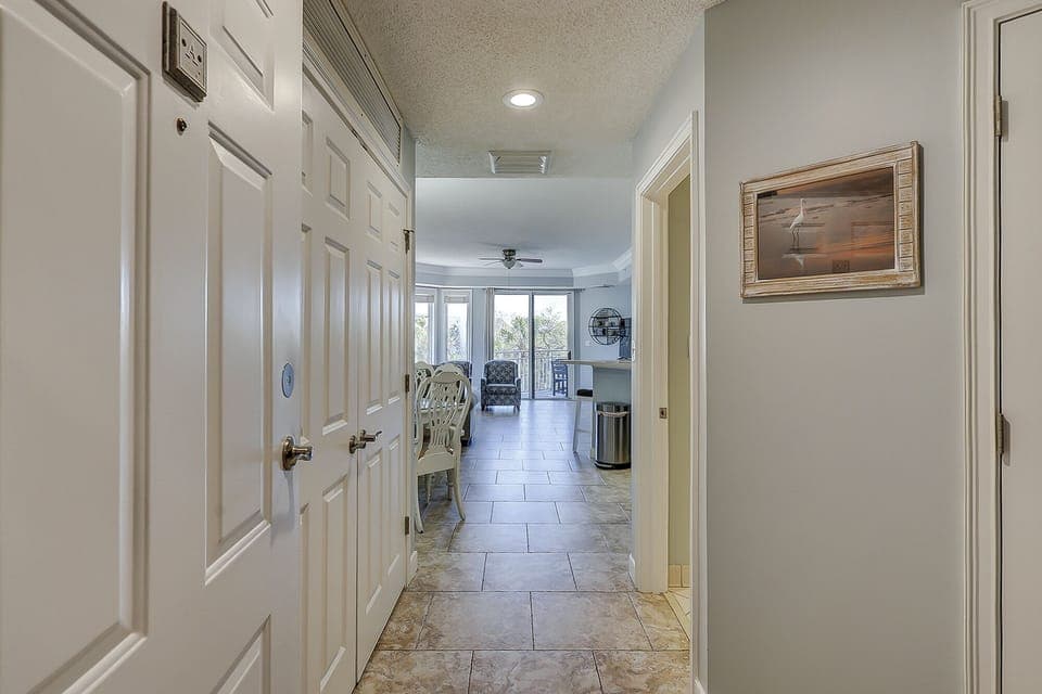 Hallway to Living Room, Dining and Kitchen Area