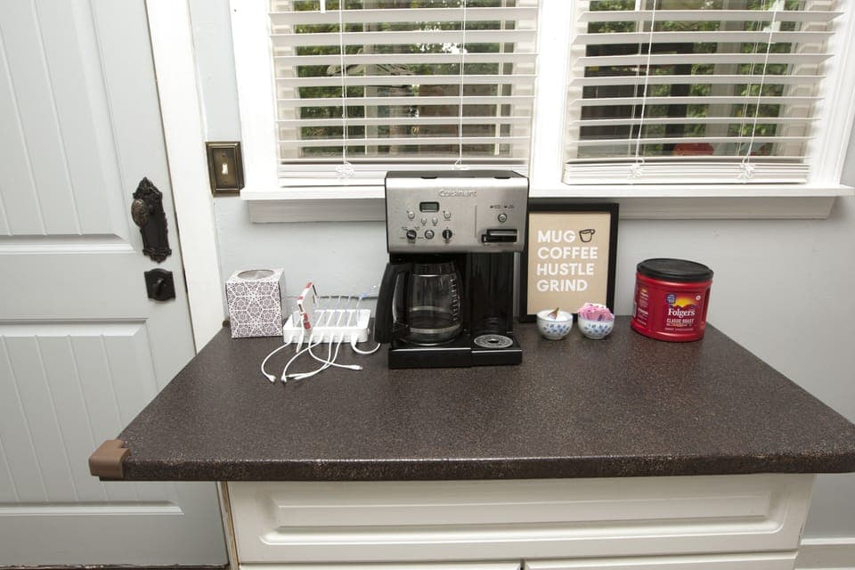 Coffee bar and charging station.