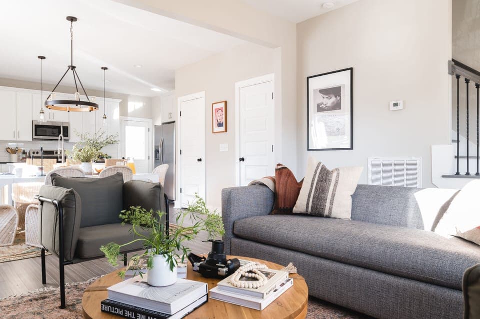 Living area is chic and bright.