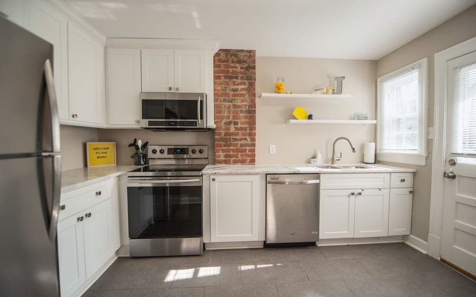 Fully renovated kitchen with plenty to cook all of your meals while you are here