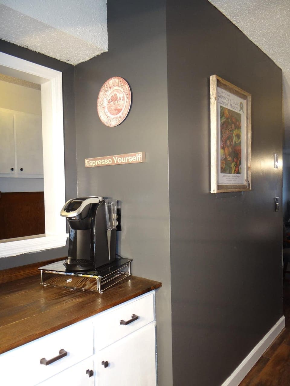 A Keurig & k-cups is provided for your morning jump start. 