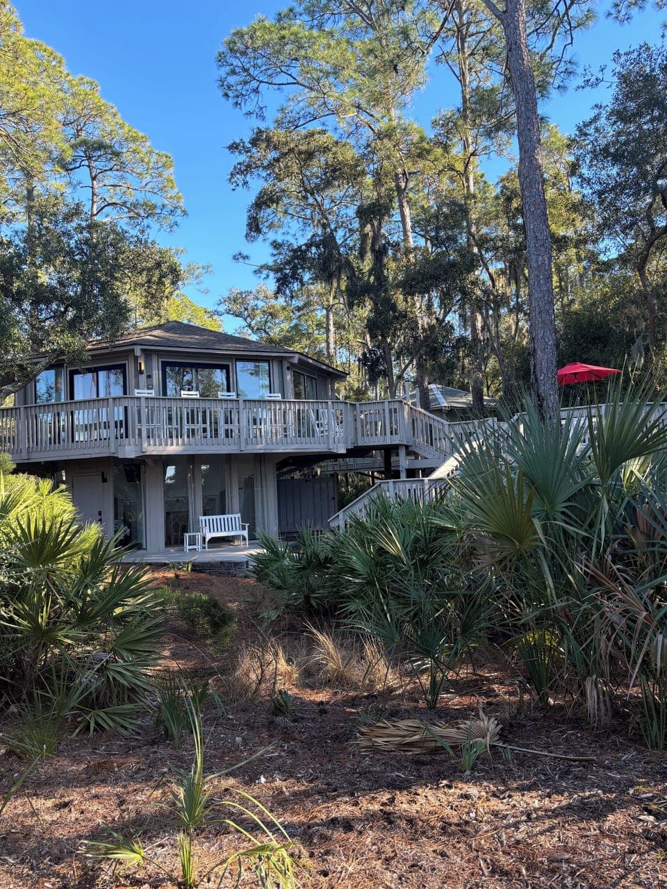 2024 Deer Island Treehouse with wrap around decks and spectacular views.