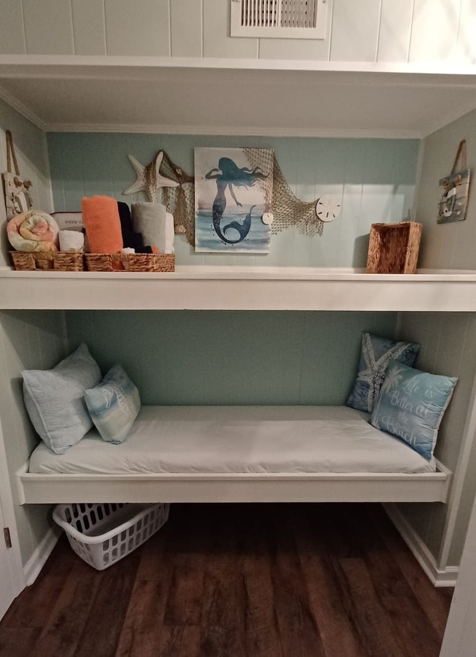 Single bed in hallway with storage shelf on top (Toddler Bed sized 24" x 72")