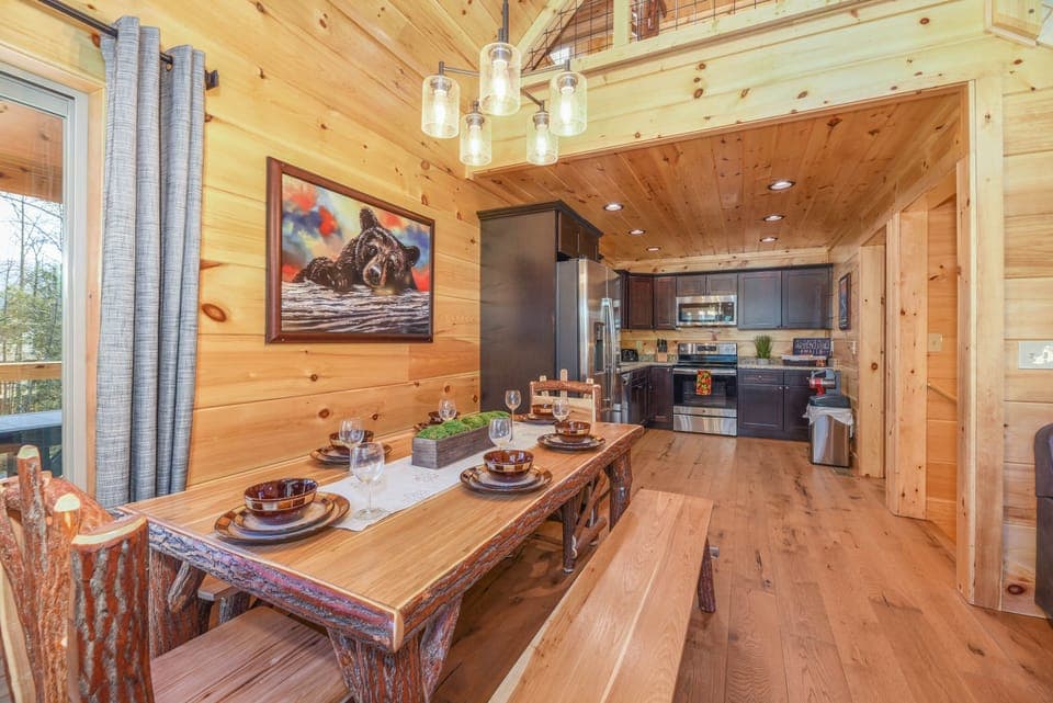 Real wood Amish made family dining table and benches.