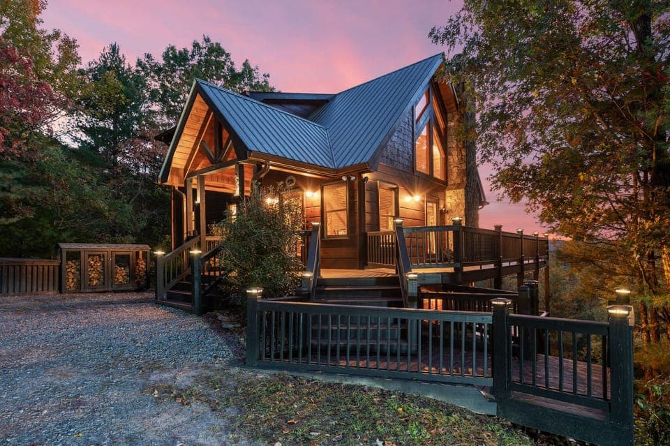Front of the cabin at sunset