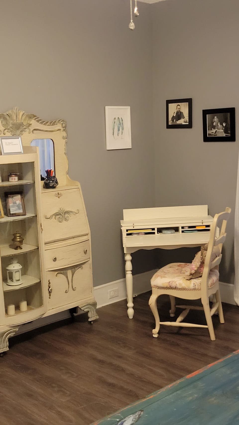 Office area includes a wireless laser printer and supplies