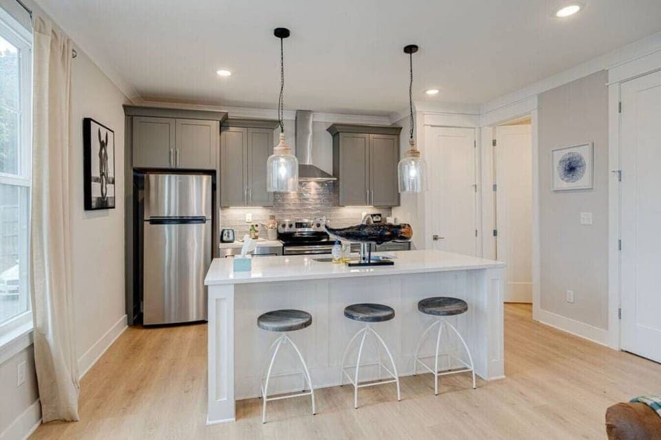 Full kitchen with island and pantry