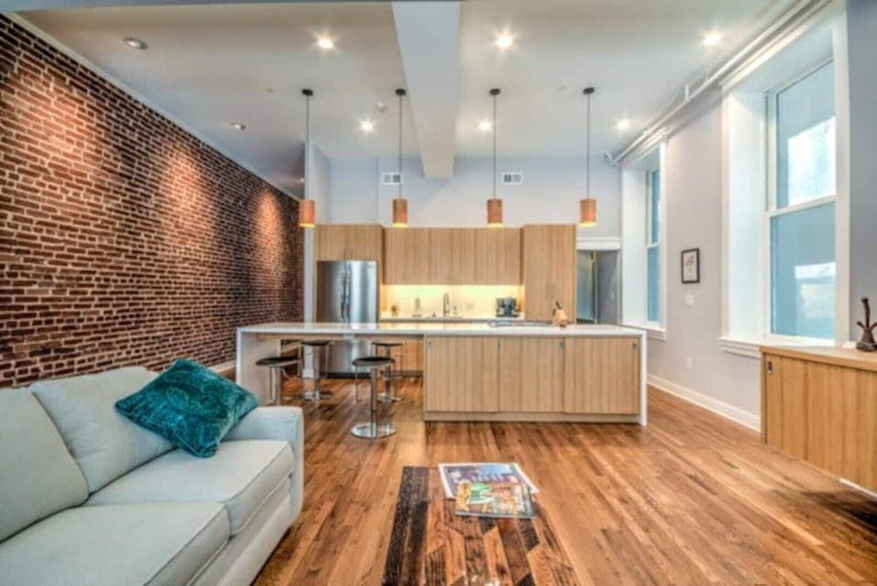 Family room with view of kitchen