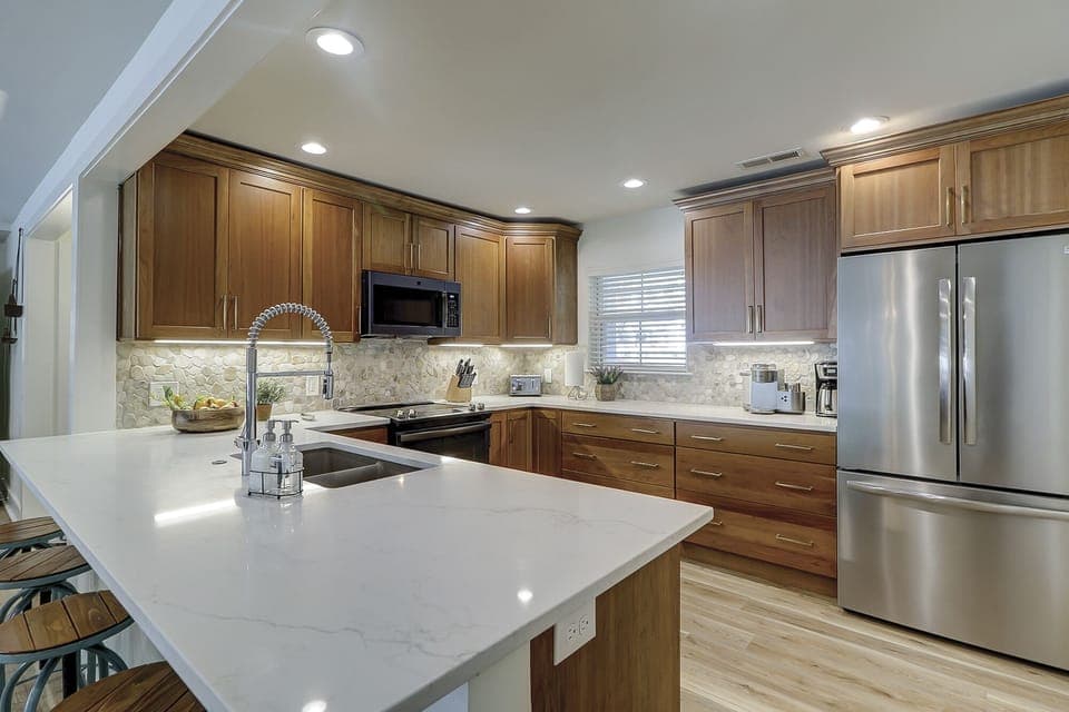 Ample counter space for cooking and dining.