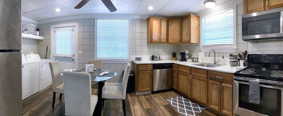 This is an overview of the kitchen, laundry, and dining!