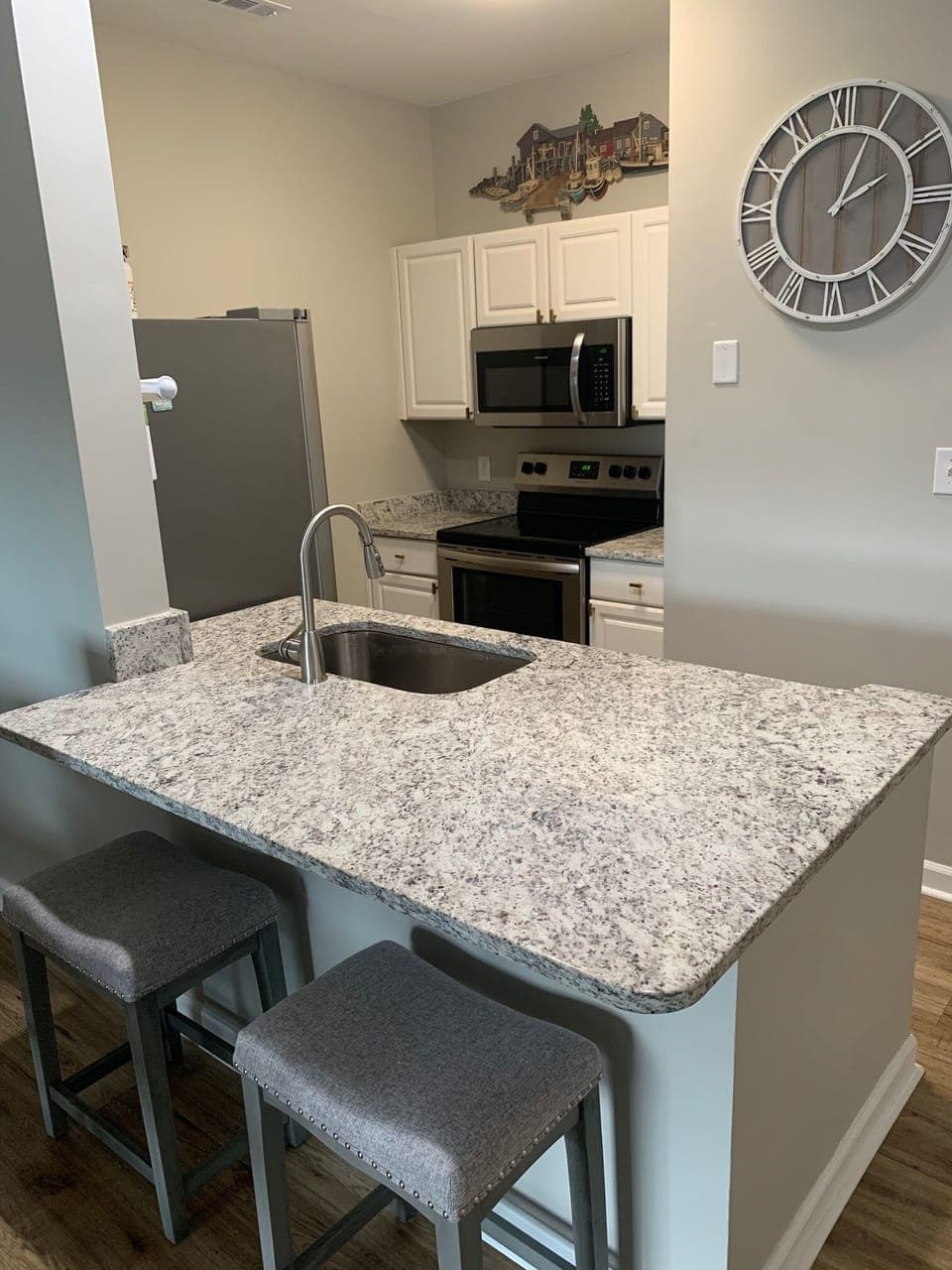 Full kitchen with stove, oven, microwave, ref., pots, pans, dishes & utensils