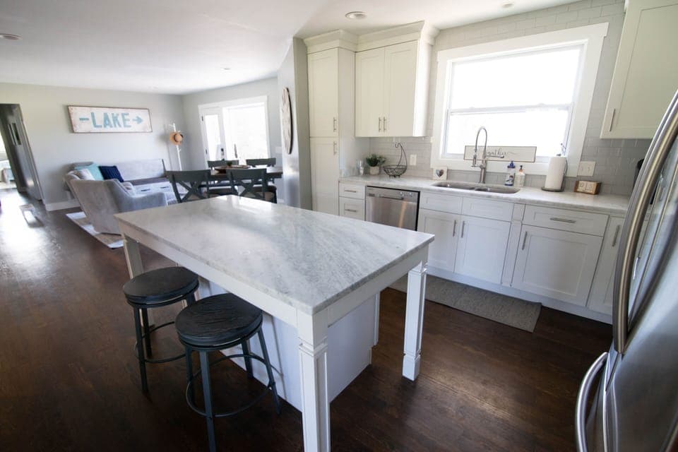 Open kitchen floor plan....great window overlooking lake.