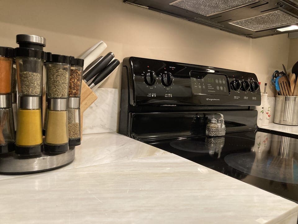 Kitchen includes basic oil / spices, blender, coffee, microwave, & toaster oven.