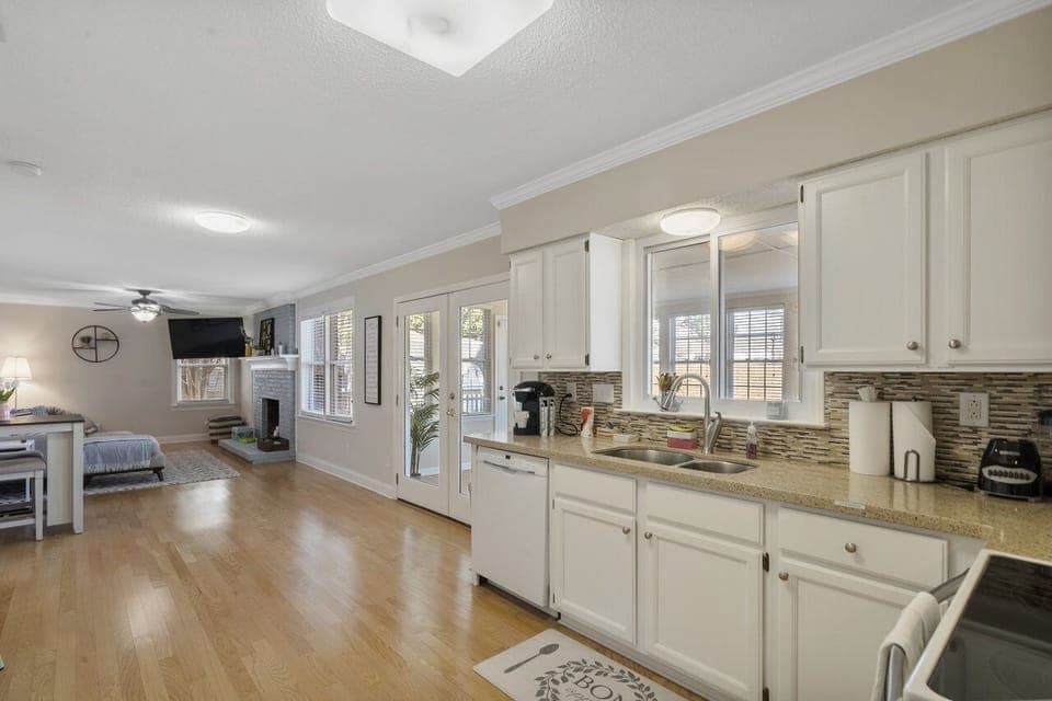 Kitchen opens up to family/tv room.