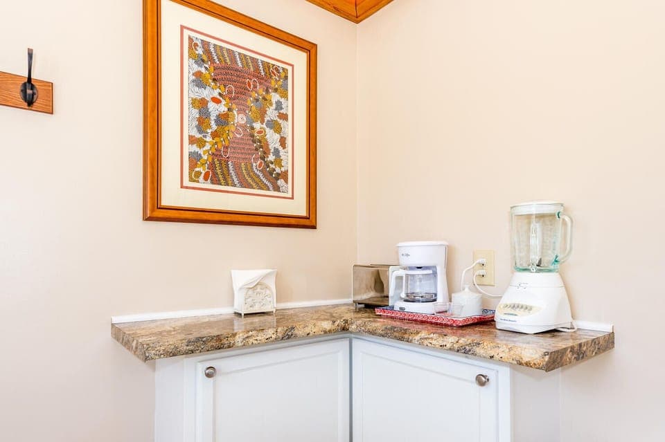 Kitchen has a coffee pot, supplied coffee, a blender, ketchup, olive oil & more