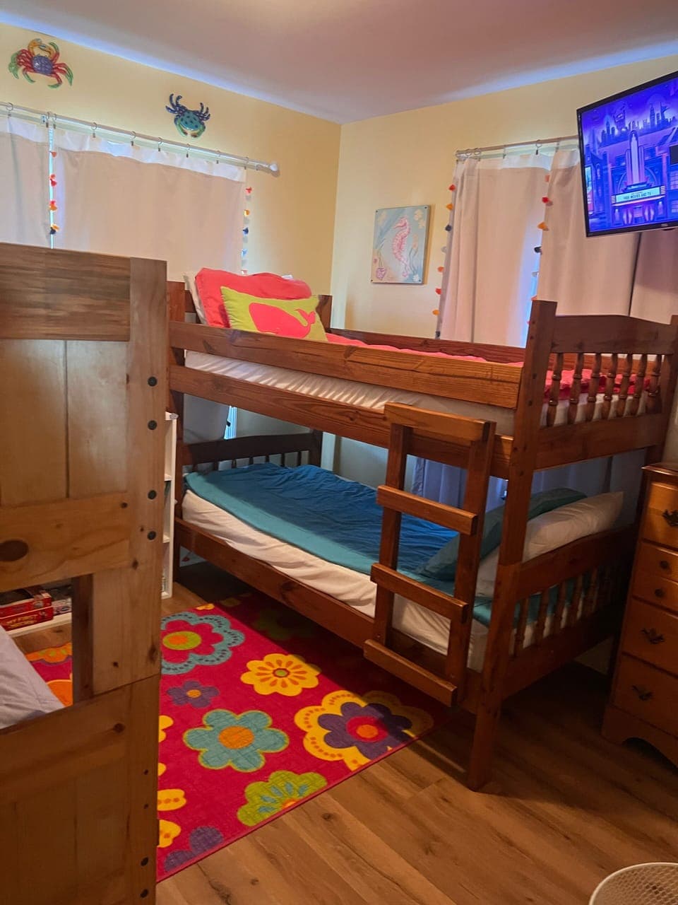 Set of two twin bunk beds. Black out curtains. 