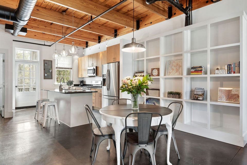 Dining table for 4, bar stools at kitchen island