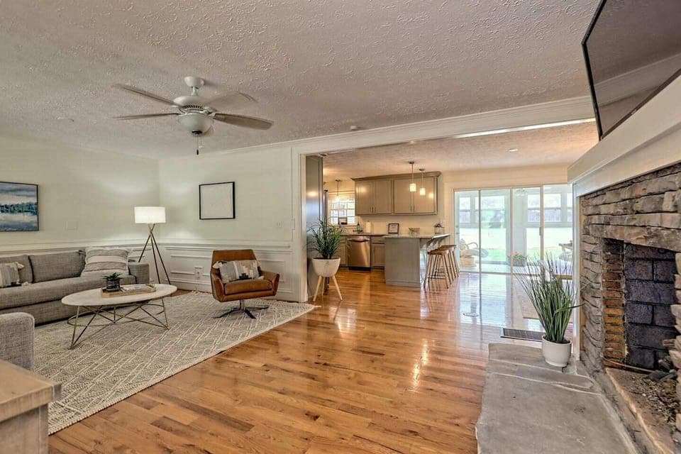 View of the living room and the huge fireplace