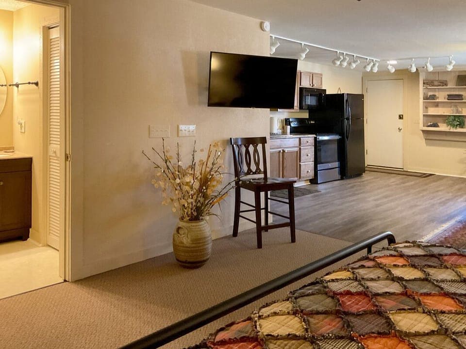 Smart TV swivels from bedroom area to living room area
