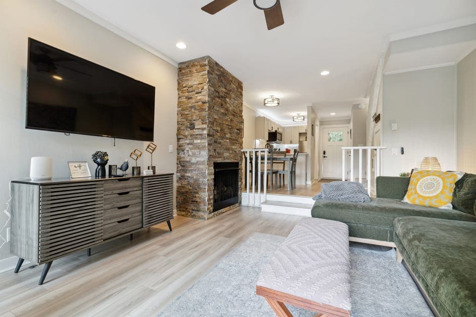 Enjoy the cozy living room with a gas fireplace and a Roku TV