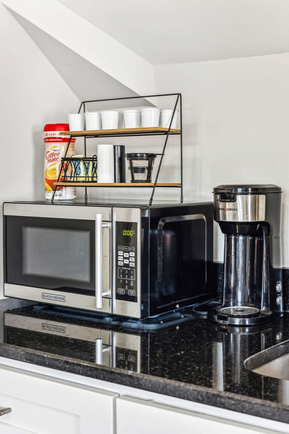 We have a microwave and coffee pot.