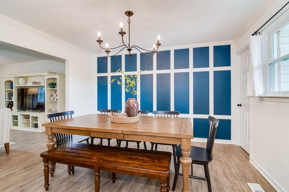 Large dining room with seating for 8 people. Island will seat 2 additional.