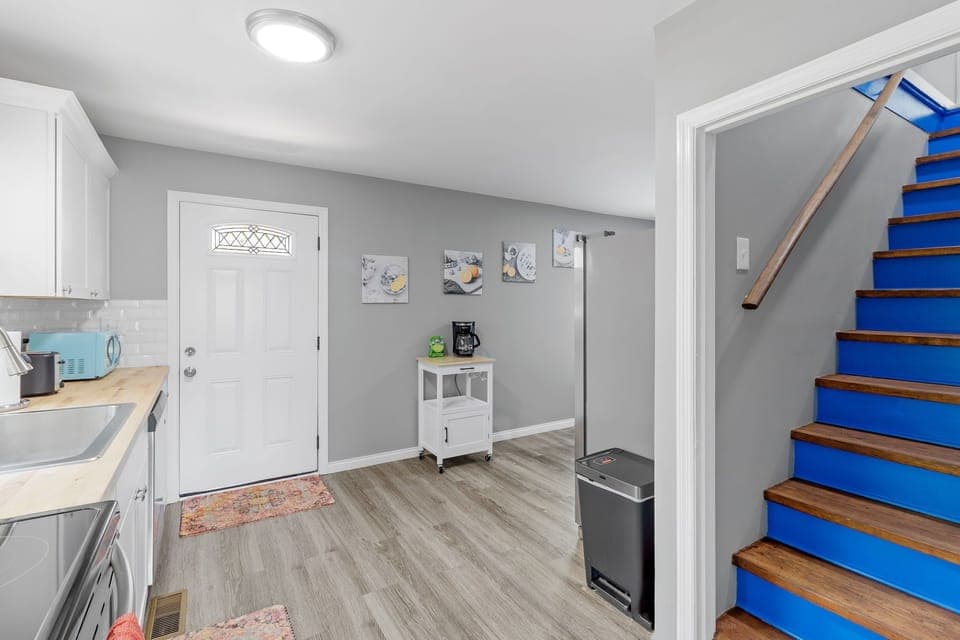 Follow the blue staircase to the second story, 