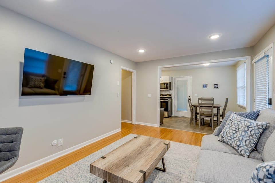 View of living room into the eat-in kitchen area 