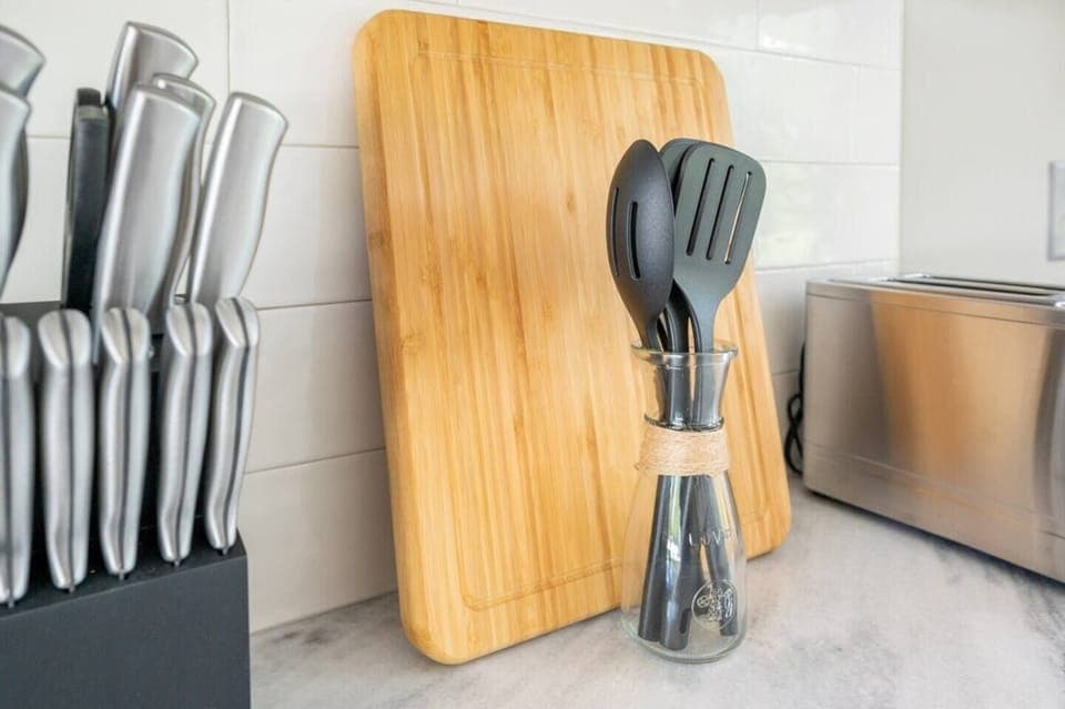 Our well equipped kitchen is perfect for whipping up a gourmet meal or prepping a cheese board to take up to the roof top!