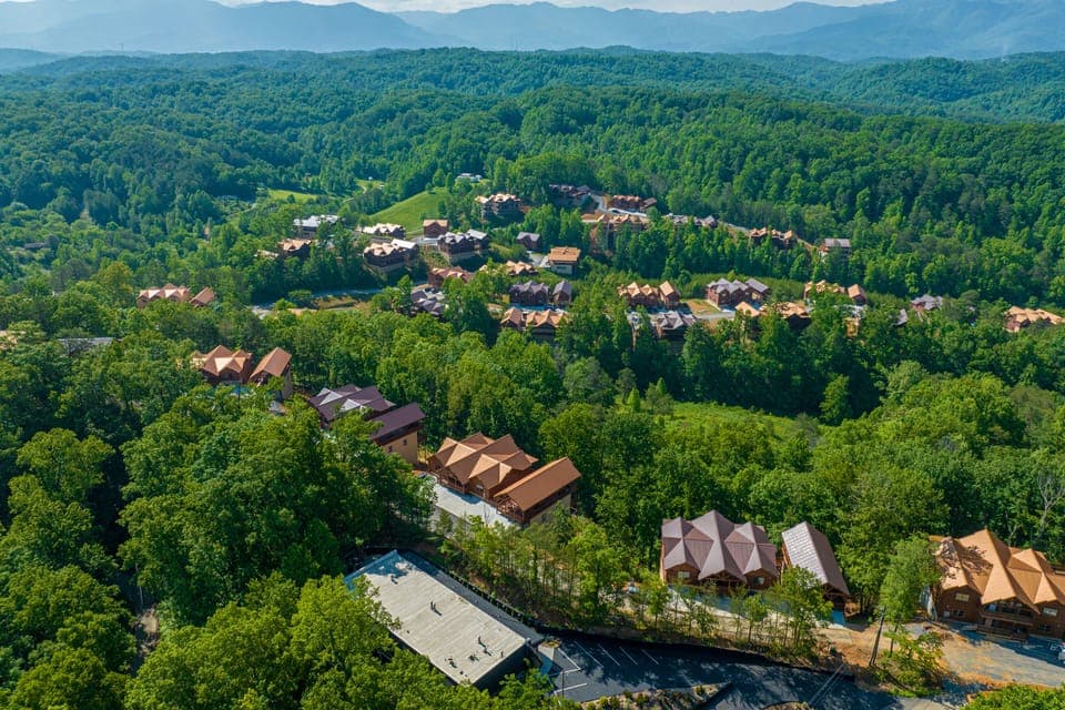 An ariel view of our cabin beautiful mountains.