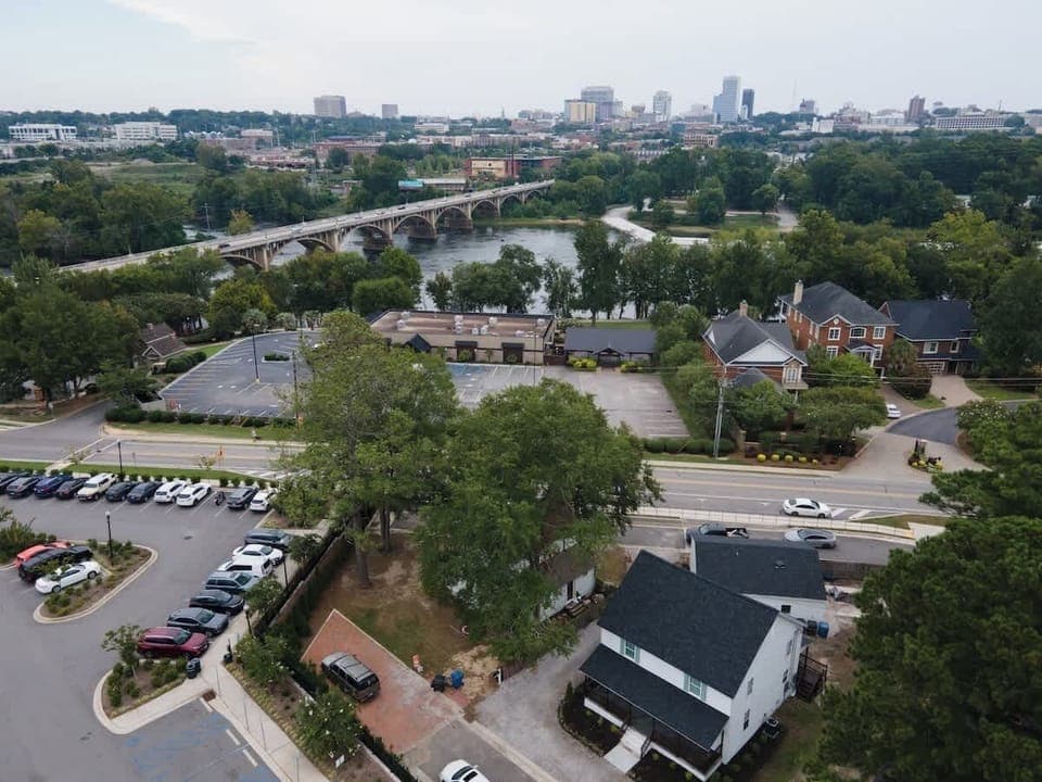 Aerial view of duplex, Congaree River, and Downtown Columbia