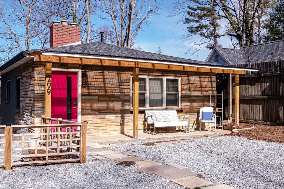 Front Entry with covered porch and parking for two cars