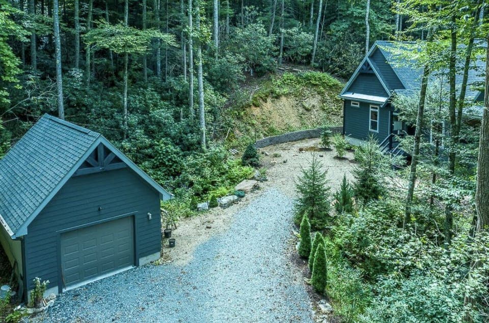 detached garage (private) and house arial view 