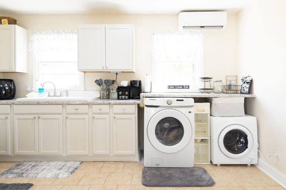 Kitchen: Washer, Dryer, dishes, pots and pans, utensils, salt & pepper, oil