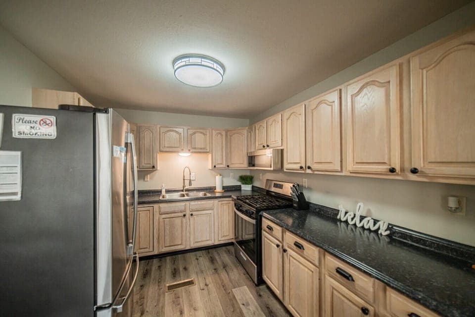 Kitchen has excellent counter space and functionality.