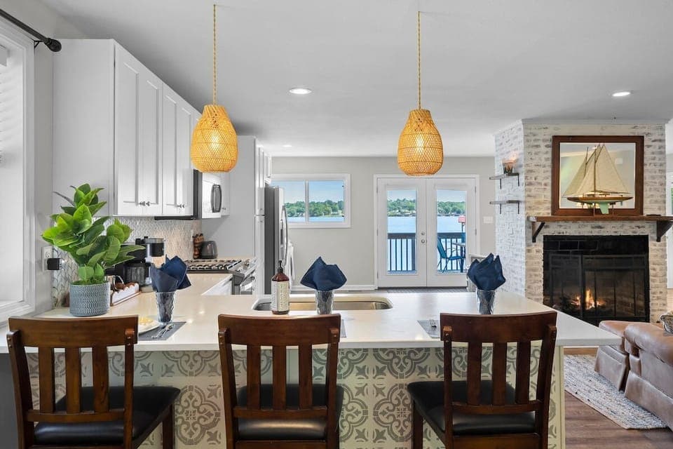 Sit at counter for meals and enjoy the amazing views of the lake through the French doors and keep the cook company while they prep the next meal.
