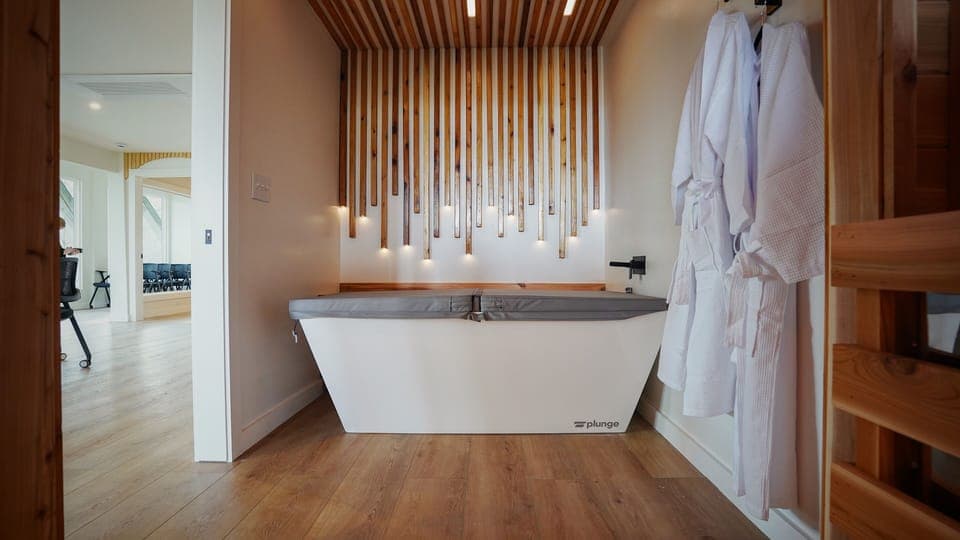 Soak in serenity: A sleek plunge pool with chic wooden accents, perfect for a refreshing escape.
