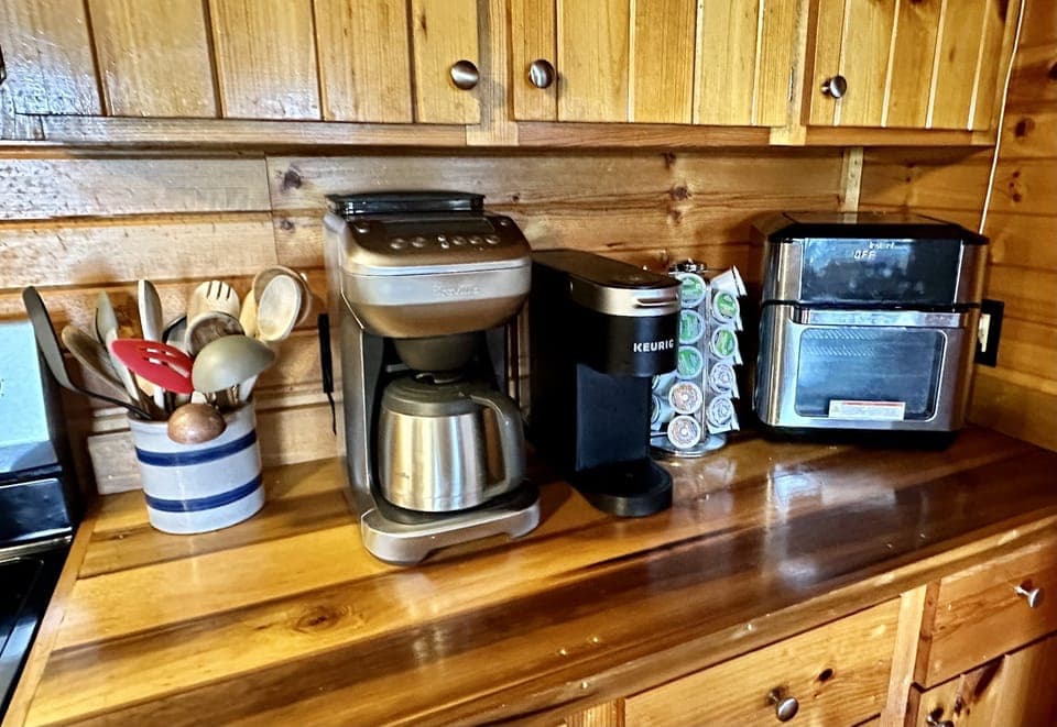 Coffee Maker, Keurig, & Air Fryer. Includes ground coffee & Keurig pods. 